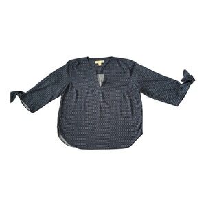 MICHAEL KORS Women's XL TG Blue Chain Print Tie Sleeve V Neck Blouse Top